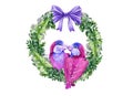 Lovebird couple parrots on a wreath with a ribbon bow watercolor illustration. Exotic tropical birds symbol of true love image. Sm