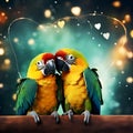 Lovebird parrots on bokeh background. Two colorful lovebird parrots in love perch on a branch, facing each other, looking happy. Royalty Free Stock Photo