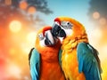 Lovebird parrots on bokeh background. Two colorful orange lovebird parrots with turquoise wings in love, looking happy. Colorful