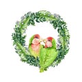 Lovebird parrots on a wreath watercolor illustration. Exotic tropical birds symbol of true love image. Small bright green parrots