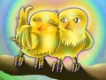 Lovebirds. A painting of two golden cute birds hugging with love and radiating a rainbow aura.