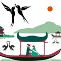 Lovebirds swallows and couples at Chinese lake valentine vector design illustration