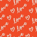 Lovecore diagonal lettering repeat pattern in pink and red with hearts and love word background print design