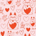 Lovecore lucky cat pattern in pink and red with hearts and lettering background print design