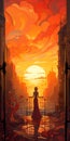 Lovecraftian Art Nouveau: Girl At Sunset Over City With Fountains Royalty Free Stock Photo