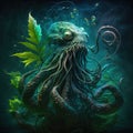 Lovecraftian marijuana monster. Funny illustration of cannabis dream. Generative AI