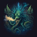 Lovecraftian marijuana monster. Funny illustration of cannabis dream. Generative AI