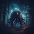 lovecraftian monster in forest, giant, evil creature. Cthulhu. Generative AI