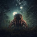 lovecraftian monster in forest, giant, evil creature. Cthulhu. Generative AI