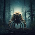 lovecraftian monster in forest, giant, evil creature. Cthulhu. Generative AI