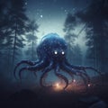 lovecraftian monster in forest, giant, evil creature. Cthulhu. Generative AI