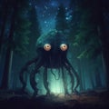 lovecraftian monster in forest, giant, evil creature. Cthulhu. Generative AI