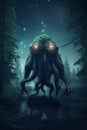 lovecraftian monster in forest, giant, evil creature. Cthulhu. Generative AI