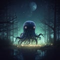 lovecraftian monster in forest, giant, evil creature. Cthulhu. Generative AI