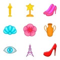 Loveliness icons set, cartoon style