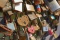 Lovelocks attached to a bridge of love railing in central Helsinki, Finland