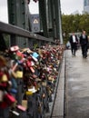 Lovelocks metal padlocks along Eiserner Steg iron footbridge Sachsenhausen Frankfurt am Main Hesse Germany