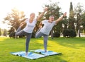 Lovely active fit elderly family couple practicing partner yoga outside in nature standing on mats