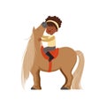 Lovely African American little girl riding pony horse, childrens equestrian sport vector Illustration