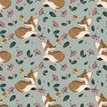 Lovely animal seamless pattern of cute foxes with little birds, berries and leaves Royalty Free Stock Photo