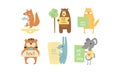 Lovely animals with banners set, cute fox, bear, cat, tiger, rabbit, mouse holding signboards with text, design elelment