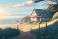 Lovely Anime Sunrise Scenery in Coastal Jungle Village