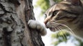 Lovely ashy spotted cat sharpens its claws on a tree trunk in the garden. Generative AI