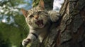 Lovely ashy spotted cat sharpens its claws on a tree trunk in the garden. Generative AI