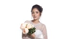 Lovely Asian Beautiful Woman bride in white wedding gown dress w Royalty Free Stock Photo