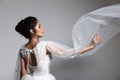 Lovely Asian Beautiful Woman bride in white wedding gown dress w Royalty Free Stock Photo