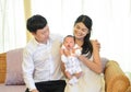 Lovely Asian family holding 1-month-old newborn baby boy on hand, Lovely,