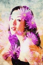 Lovely asian model is surrounded by daisy flowers in this double exposure photograph