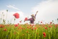 Lovely atmosphere. seasonal beauty landscape. young girl in hat walk in meadow. vacation. sense of freedom. beautiful Royalty Free Stock Photo