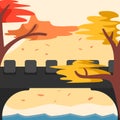 Lovely autumn background with bridge adn maple tree, flat design style