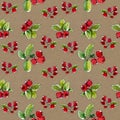 Lovely autumn beige botanical seamless background with cranberries, red berry. Nordic berries. Hand-drawing texture. Use for