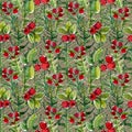 Lovely autumn botanical seamless background with cranberries, red berry and fern. Nordic berries. Hand-drawing texture