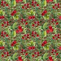 Lovely autumn botanical seamless background with cranberries, red berry and fern. Nordic berries. Hand-drawing texture. Use for