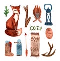 Lovely Autumn illustration with fall leaves,cute animals, thermos,bonfire, flashlight, kettle, plaid, boots, bread.