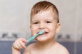 Lovely baby brushing his teeth with a toothbrush in the bathroom