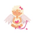 Lovely baby girl holding pink heart. Cartoon cupid with little wings. Angel of love with bow and arrow. Flat vector Royalty Free Stock Photo