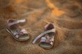 Lovely baby shoes with pink bows butterflies on sunlit sunset sandy beach, place for text