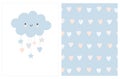 Lovely Baby Shower Vector Card with Blue Fluffy Smiling Cloud with Hanging Stars and Hearts. Royalty Free Stock Photo