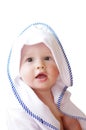 Lovely baby wrapped in towel on white background Royalty Free Stock Photo