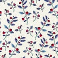 Lovely botanical seamless background with cranberries, red berry. Nordic berries. Hand-drawing texture. Use for textile