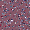 Lovely botanical seamless magenta pink background with cranberries, red berry. Nordic berries. Hand-drawing texture. Use