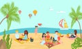 Lovely beach ocean place, lover couple relax paradise tropical seaside and family rest picnic flat vector illustration. Royalty Free Stock Photo