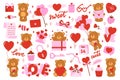 Lovely bear with hearts, balloons, love letters and gift boxes in pink and red colors. Clipart collection. Vector flat design Royalty Free Stock Photo