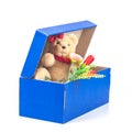 lovely bear toy in blue box gift on white