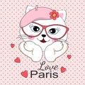 Lovely beautiful cat in sunglasses and pink beret.