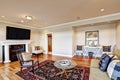 Lovely beige family room with cozy sitting area in wall niche